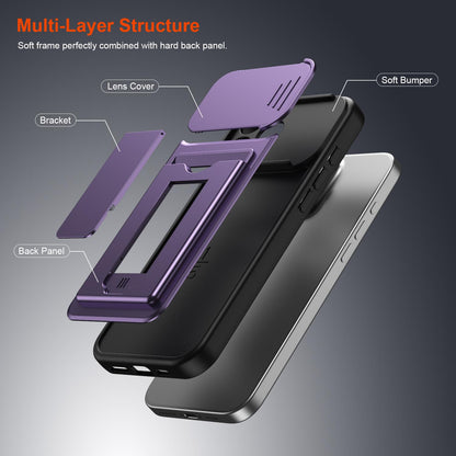 For iPhone 16 Pro Max Card Holder Series Sliding Lens Cover PC Hybrid TPU Phone Case - Purple - EDA009704004E