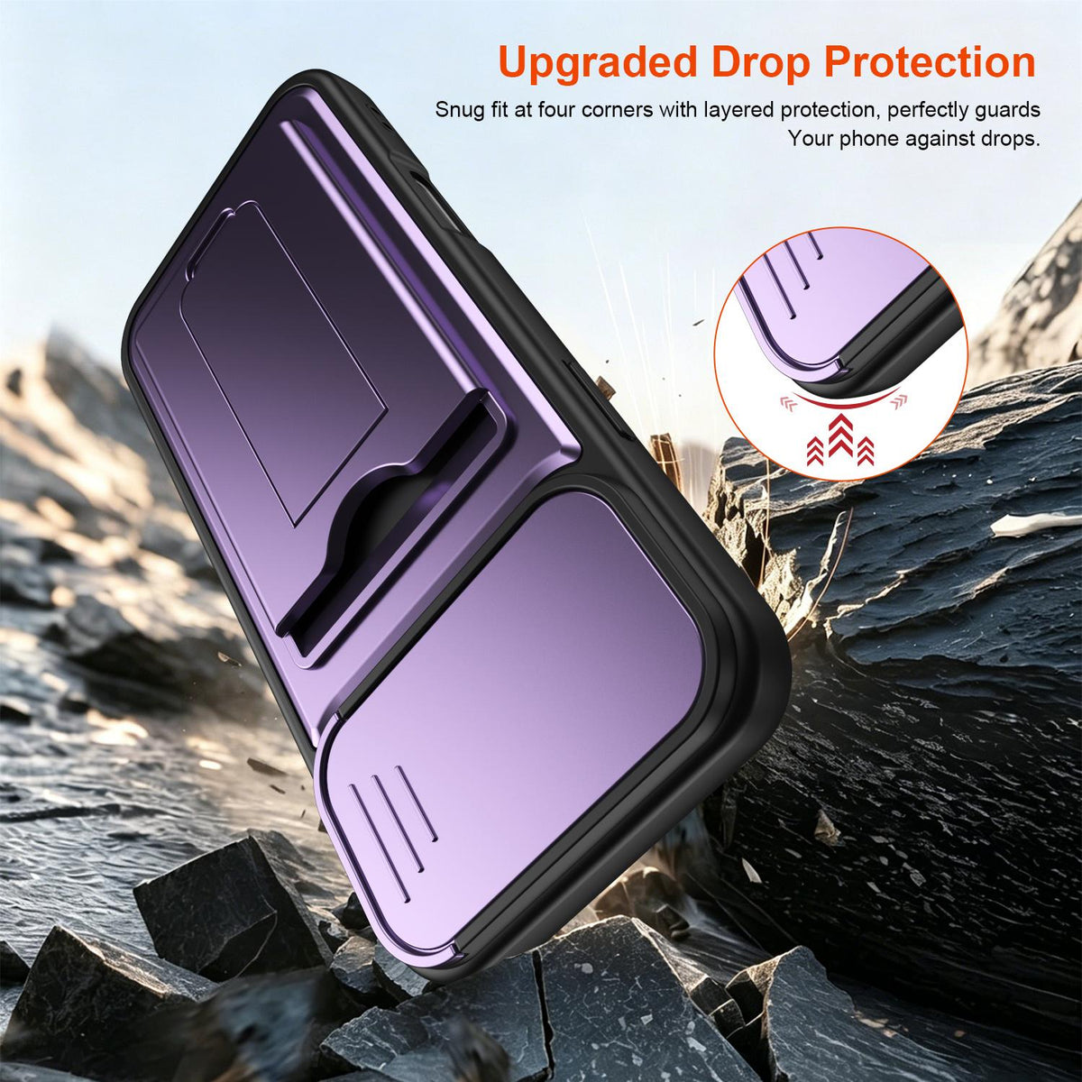 For iPhone 16 Pro Max Card Holder Series Sliding Lens Cover PC Hybrid TPU Phone Case - Purple - EDA009704004E