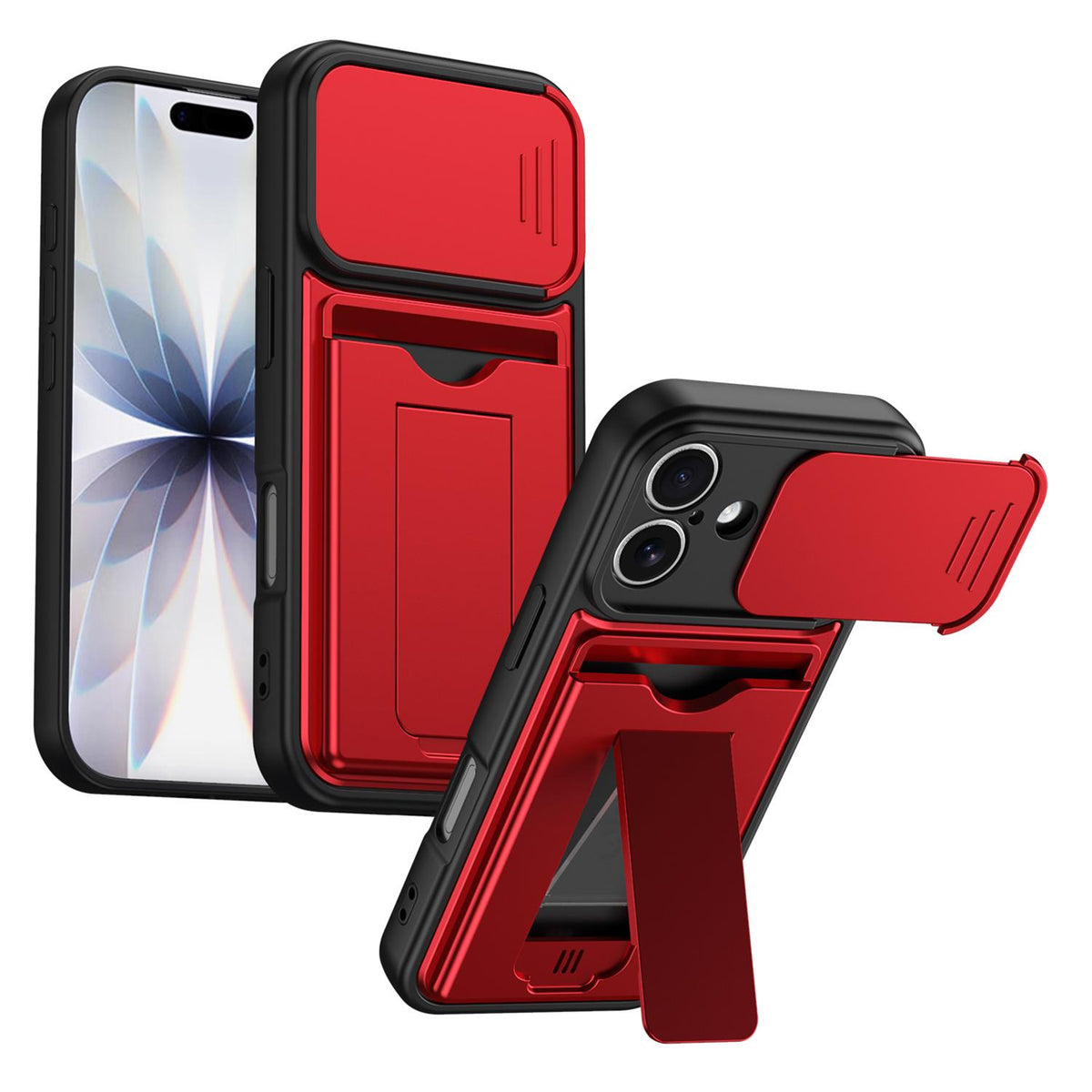For iPhone 16 Card Holder Series Sliding Lens Cover PC Hybrid TPU Phone Case - Red - EDA009704006A