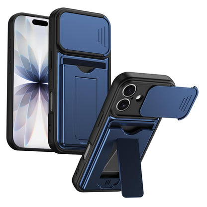 For iPhone 16 Card Holder Series Sliding Lens Cover PC Hybrid TPU Phone Case - Blue - EDA009704006B
