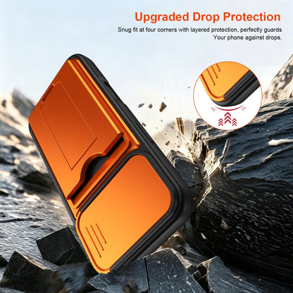 For iPhone 16 Card Holder Series Sliding Lens Cover PC Hybrid TPU Phone Case - Blue - EDA009704006B