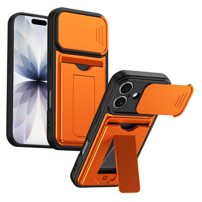 For iPhone 16 Card Holder Series Sliding Lens Cover PC Hybrid TPU Phone Case - Orange - EDA009704006C