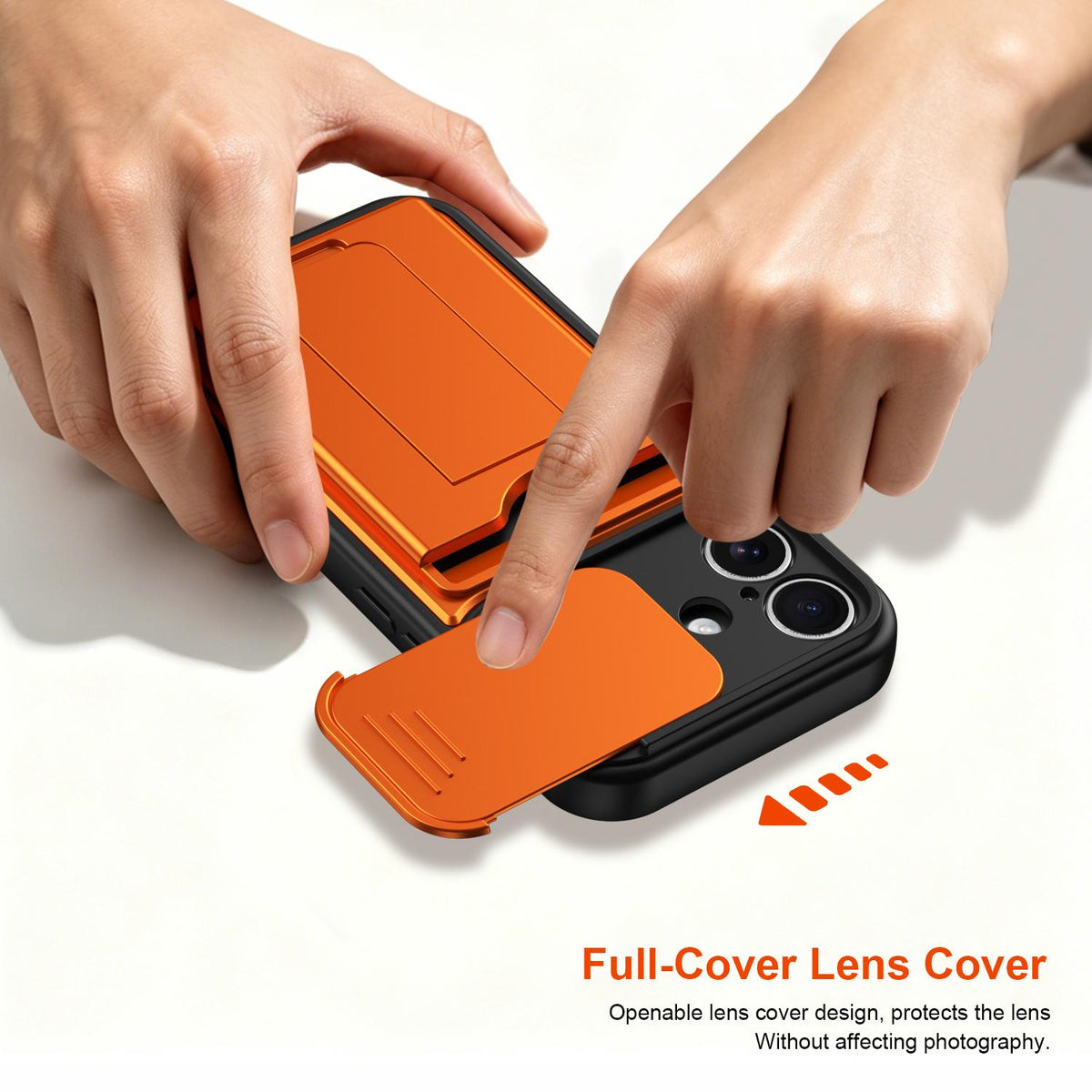 For iPhone 16 Card Holder Series Sliding Lens Cover PC Hybrid TPU Phone Case - Orange - EDA009704006C