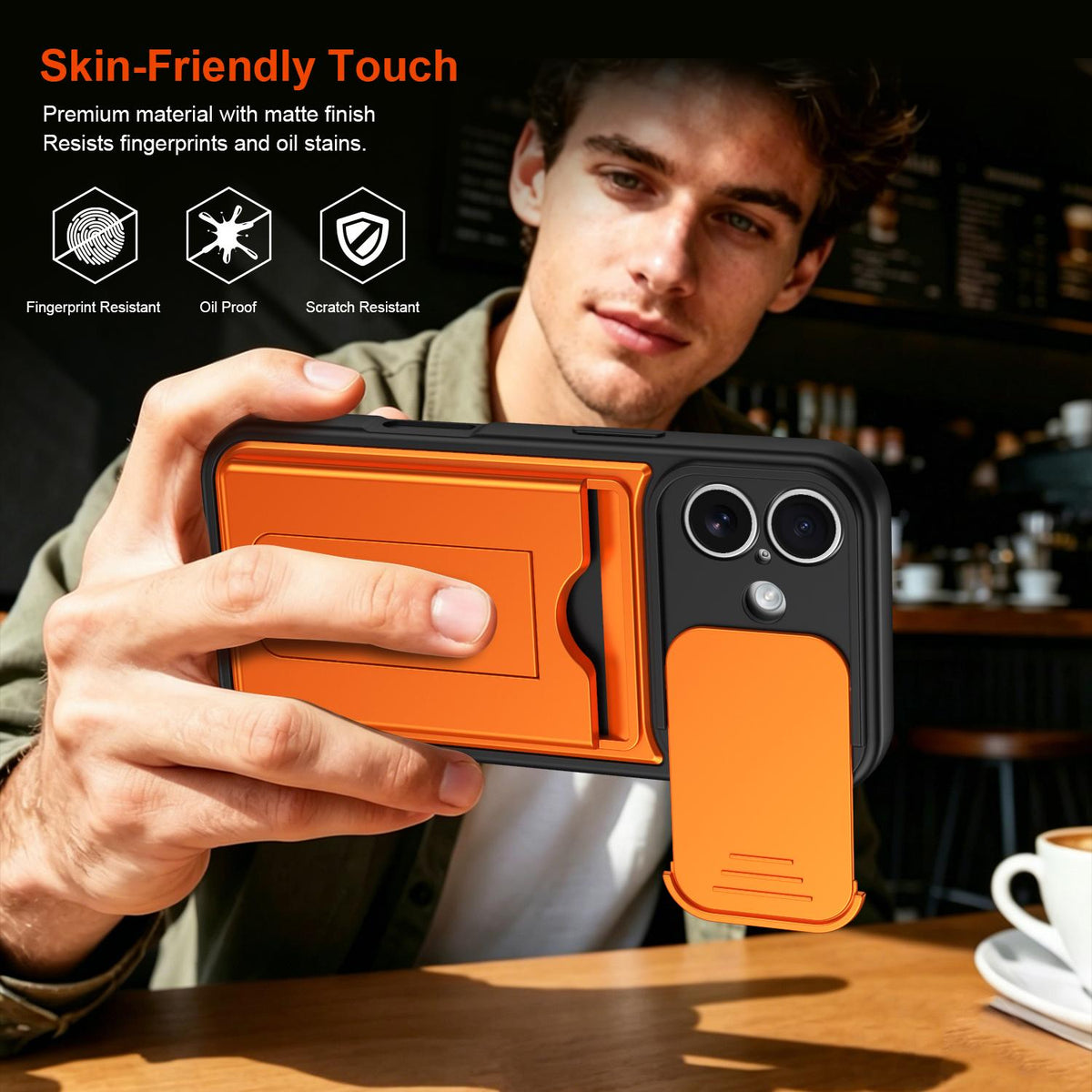 For iPhone 16 Card Holder Series Sliding Lens Cover PC Hybrid TPU Phone Case - Orange - EDA009704006C