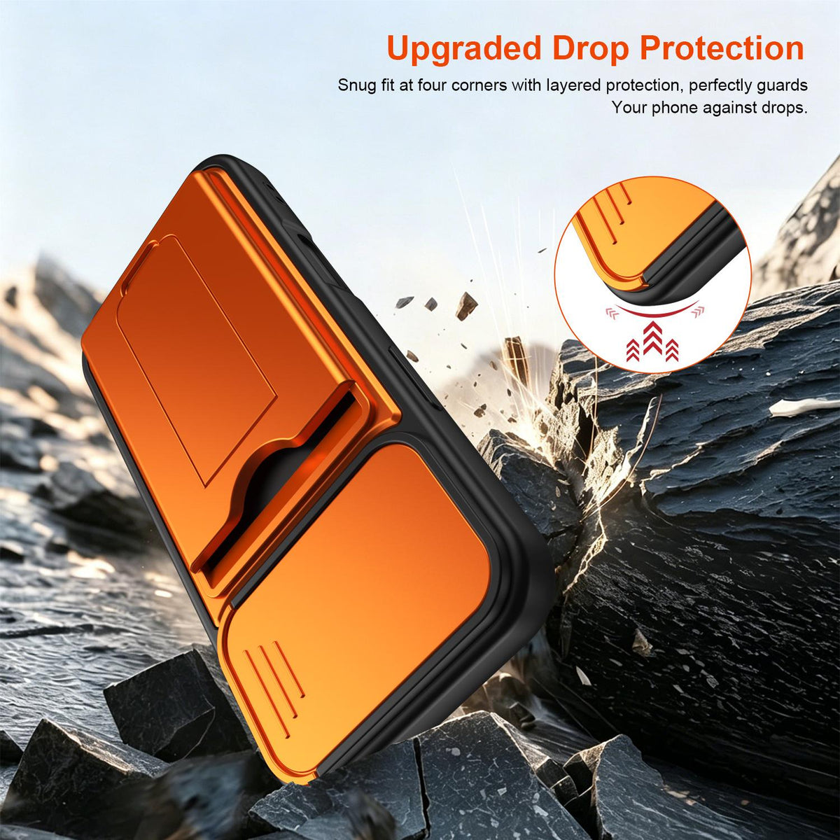For iPhone 16 Card Holder Series Sliding Lens Cover PC Hybrid TPU Phone Case - Orange - EDA009704006C