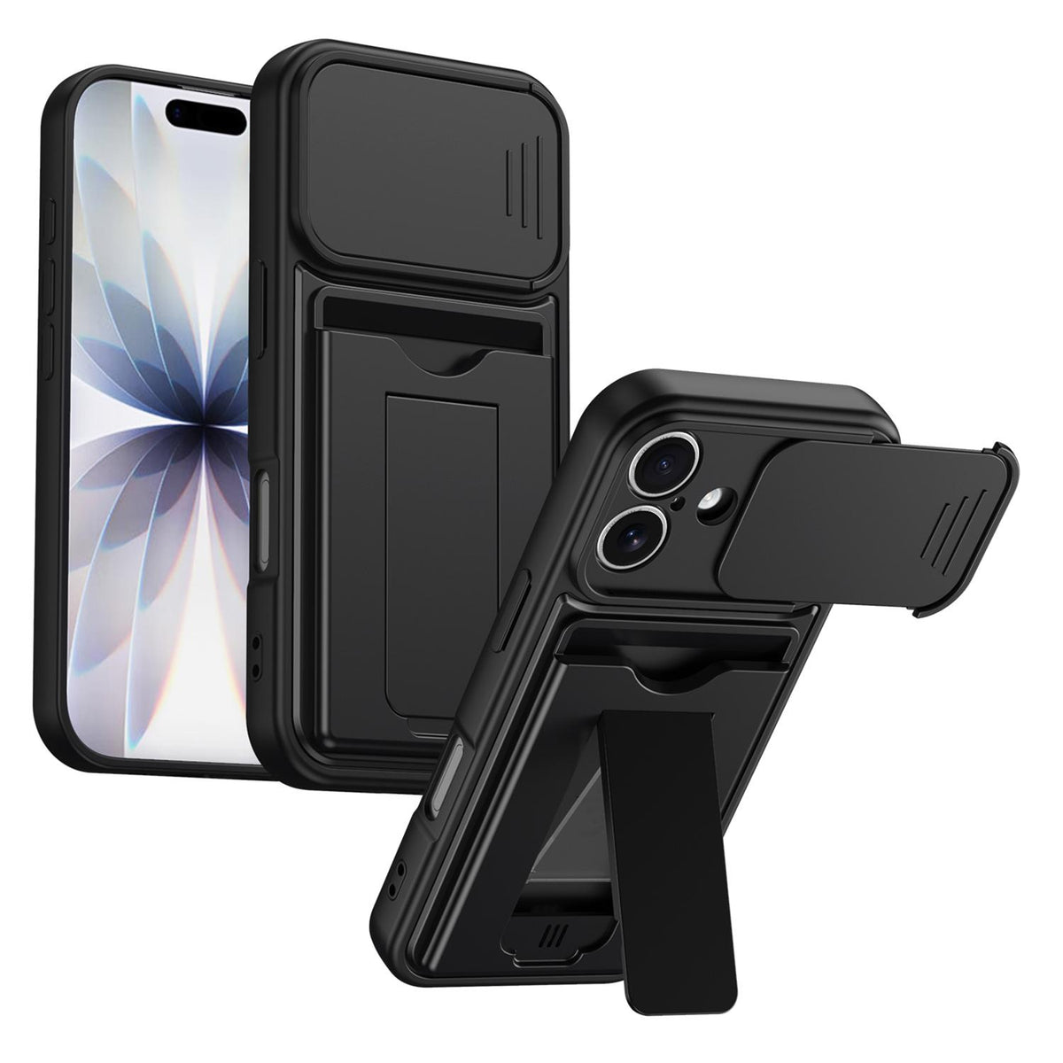 For iPhone 16 Card Holder Series Sliding Lens Cover PC Hybrid TPU Phone Case - Black - EDA009704006D