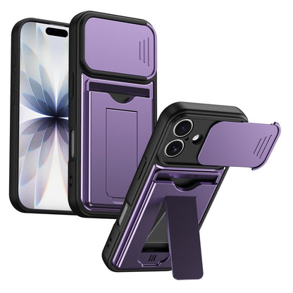 For iPhone 16 Card Holder Series Sliding Lens Cover PC Hybrid TPU Phone Case - Purple - EDA009704006E