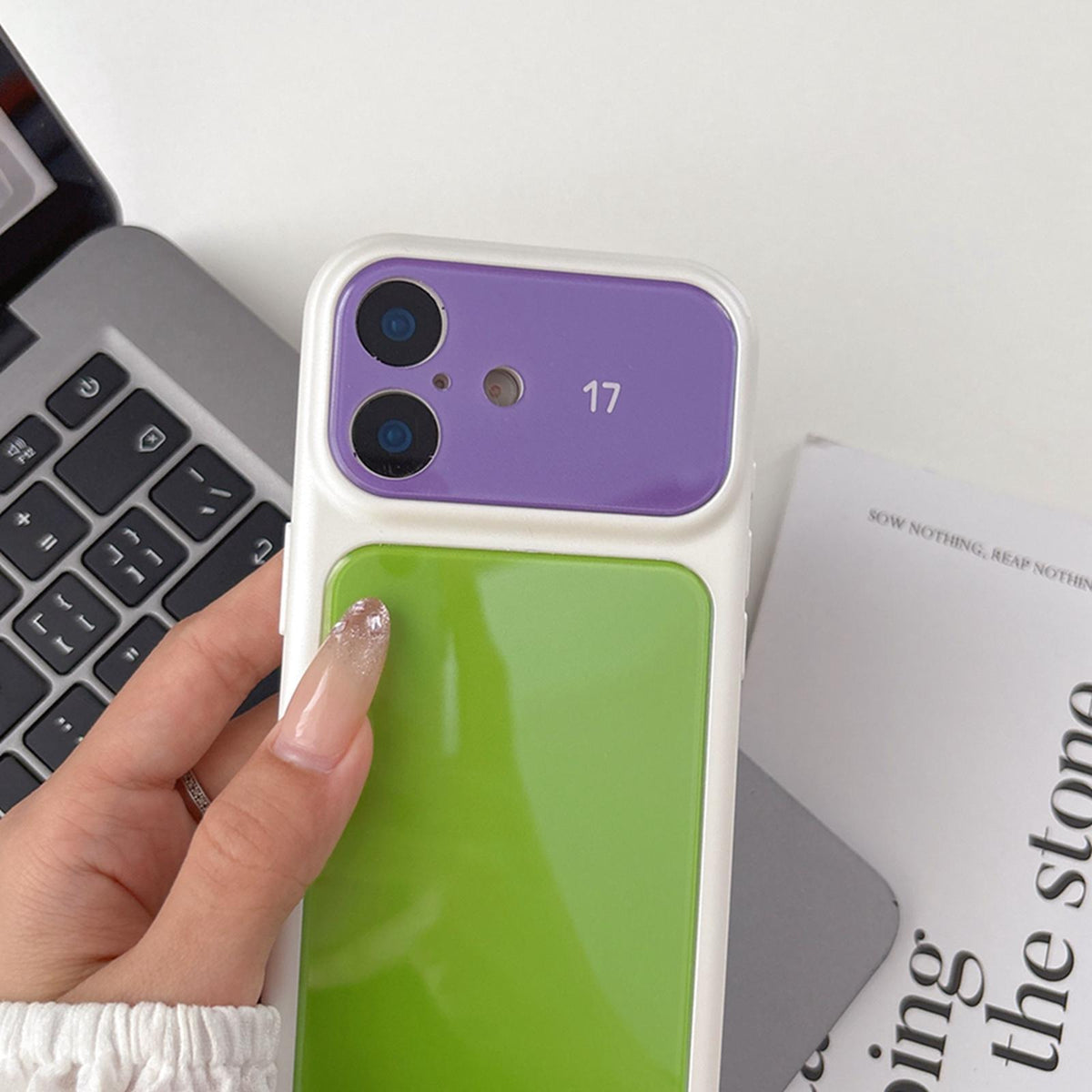 For iPhone 13 Dopamine Color Large Window Acrylic PC Phone Case - Blue and Orange - EDA009705215D