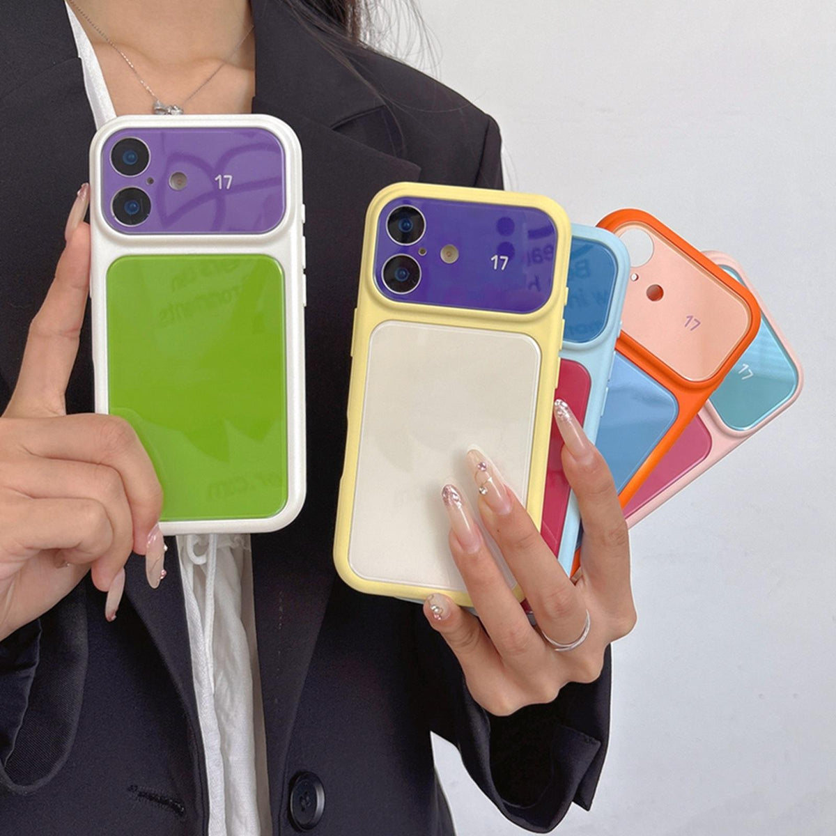 For iPhone 14 Dopamine Color Large Window Acrylic PC Phone Case - Purple and White - EDA009705212B