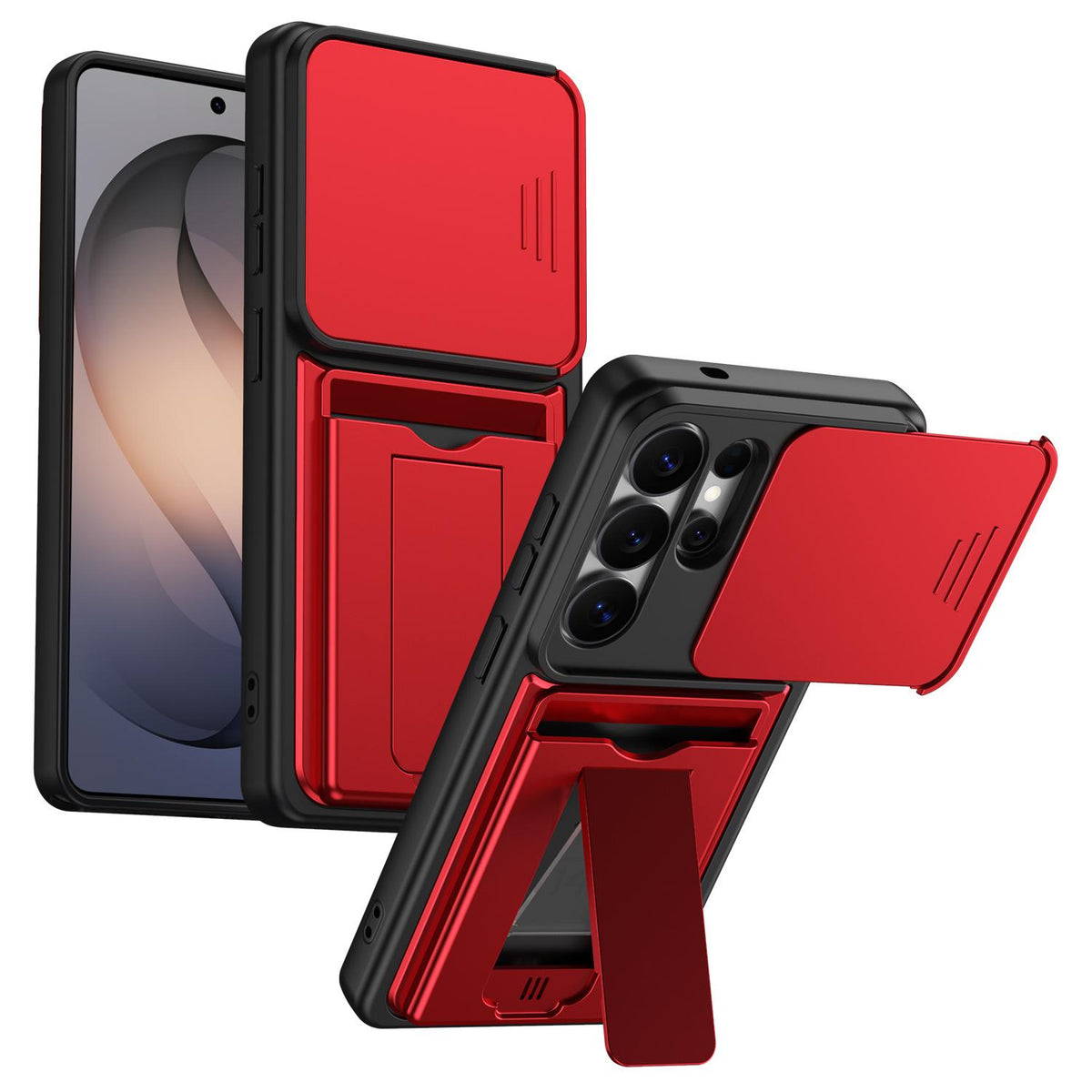 For Galaxy S26 Ultra 5G Card Holder Series Sliding Lens Cover PC Hybrid TPU Phone Case - Red - EDA009708001A