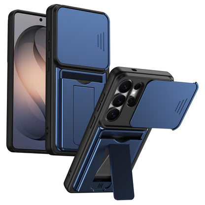 For Galaxy S26 Ultra 5G Card Holder Series Sliding Lens Cover PC Hybrid TPU Phone Case - Blue - EDA009708001B
