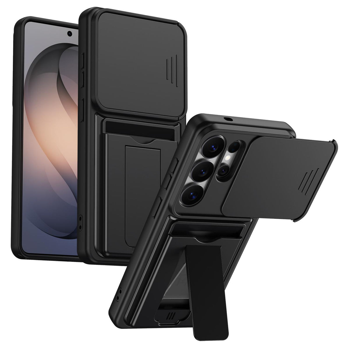 For Galaxy S26 Ultra 5G Card Holder Series Sliding Lens Cover PC Hybrid TPU Phone Case - Black - EDA009708001D