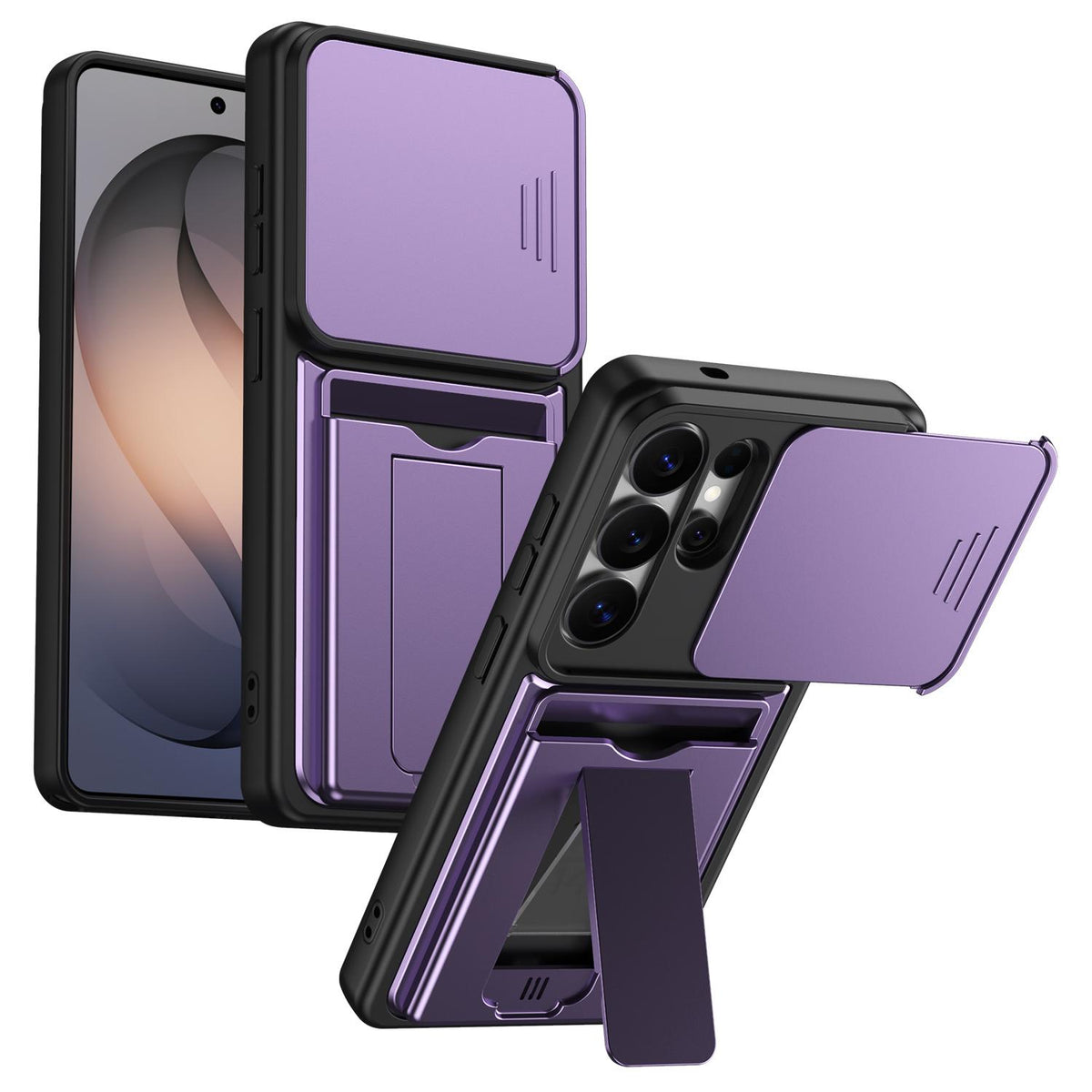For Galaxy S26 Ultra 5G Card Holder Series Sliding Lens Cover PC Hybrid TPU Phone Case - Purple - EDA009708001E