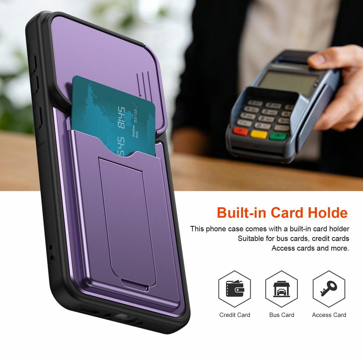 For Galaxy A26 5G / A17 Card Holder Series Sliding Lens Cover PC Hybrid TPU Phone Case - Purple - EDA009708201E