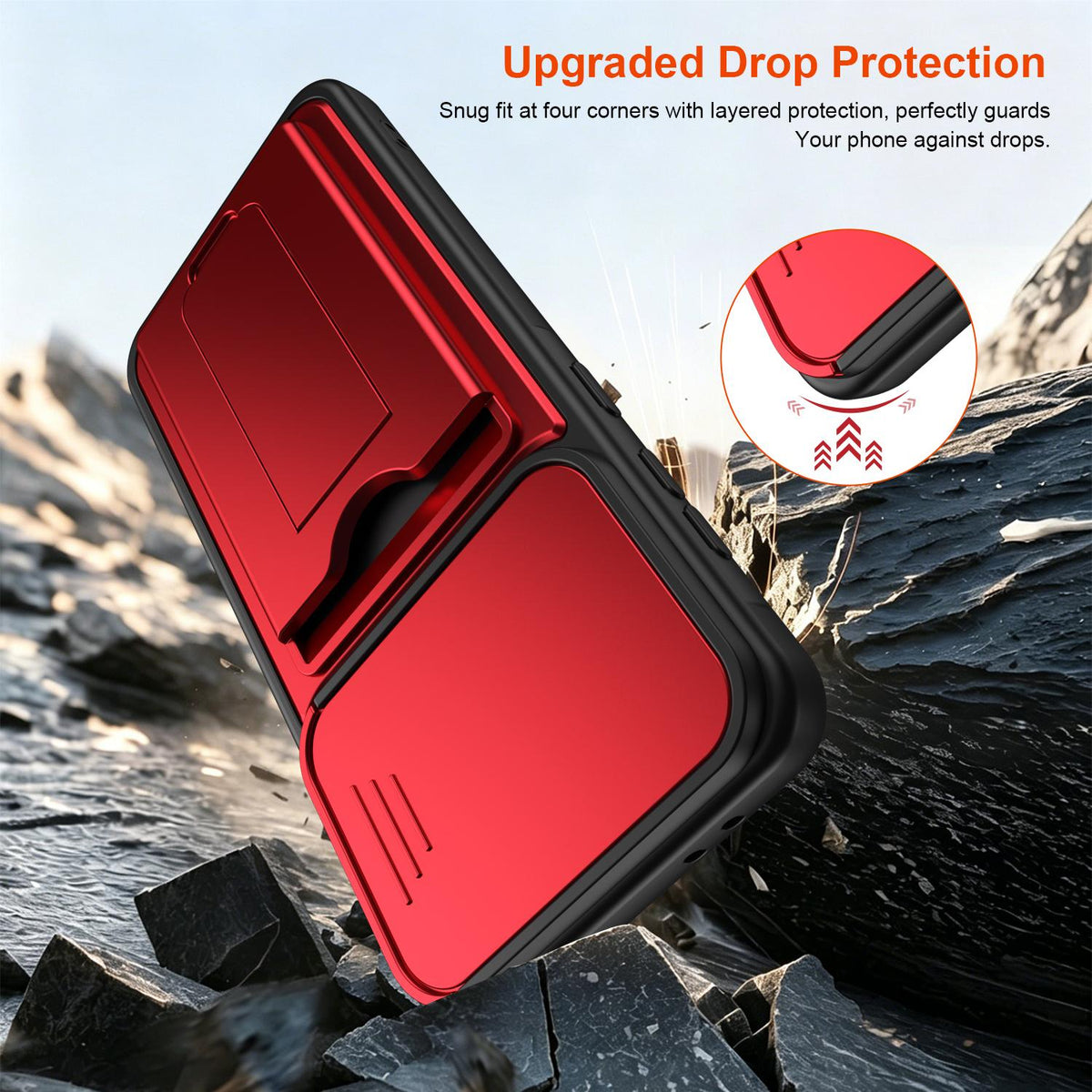For Galaxy A27 5G Card Holder Series Sliding Lens Cover PC Hybrid TPU Phone Case - Red - EDA009708202A