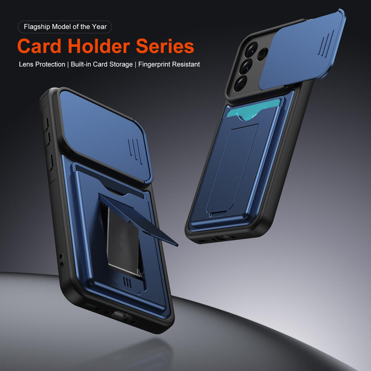 For Galaxy A27 5G Card Holder Series Sliding Lens Cover PC Hybrid TPU Phone Case - Blue - EDA009708202B