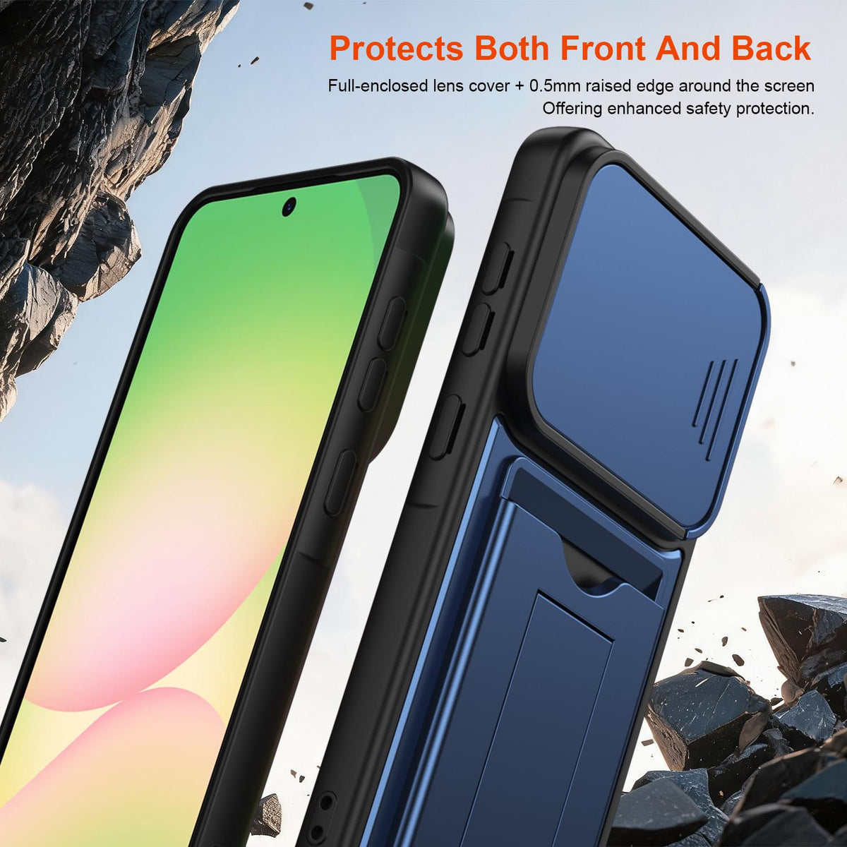 For Galaxy A27 5G Card Holder Series Sliding Lens Cover PC Hybrid TPU Phone Case - Blue - EDA009708202B