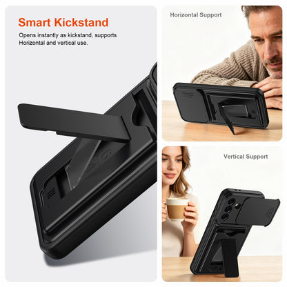 For Galaxy A27 5G Card Holder Series Sliding Lens Cover PC Hybrid TPU Phone Case - Black - EDA009708202D