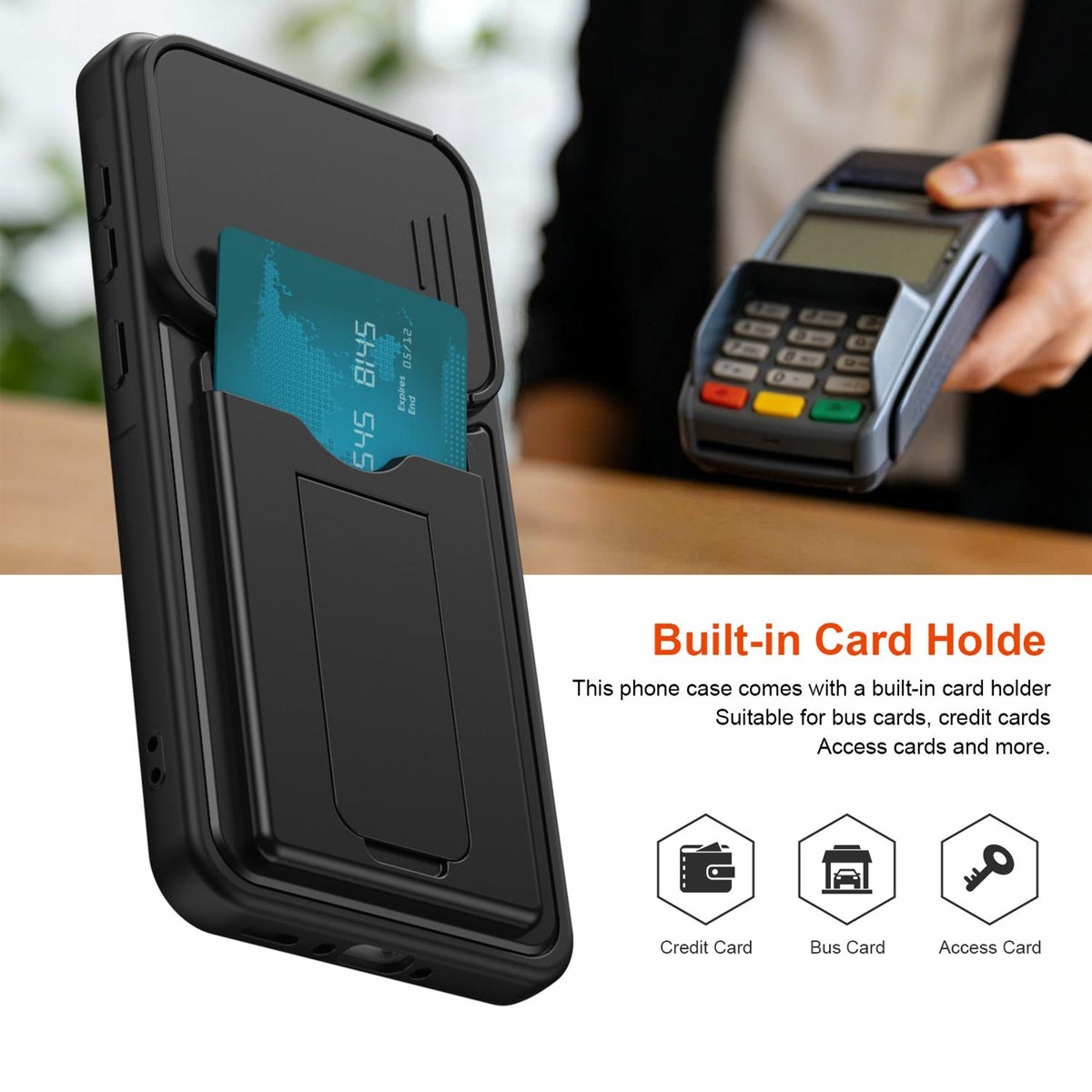For Galaxy A36 5G Card Holder Series Sliding Lens Cover PC Hybrid TPU Phone Case - Black - EDA009708203D