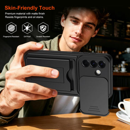 For Galaxy A36 5G Card Holder Series Sliding Lens Cover PC Hybrid TPU Phone Case - Black - EDA009708203D