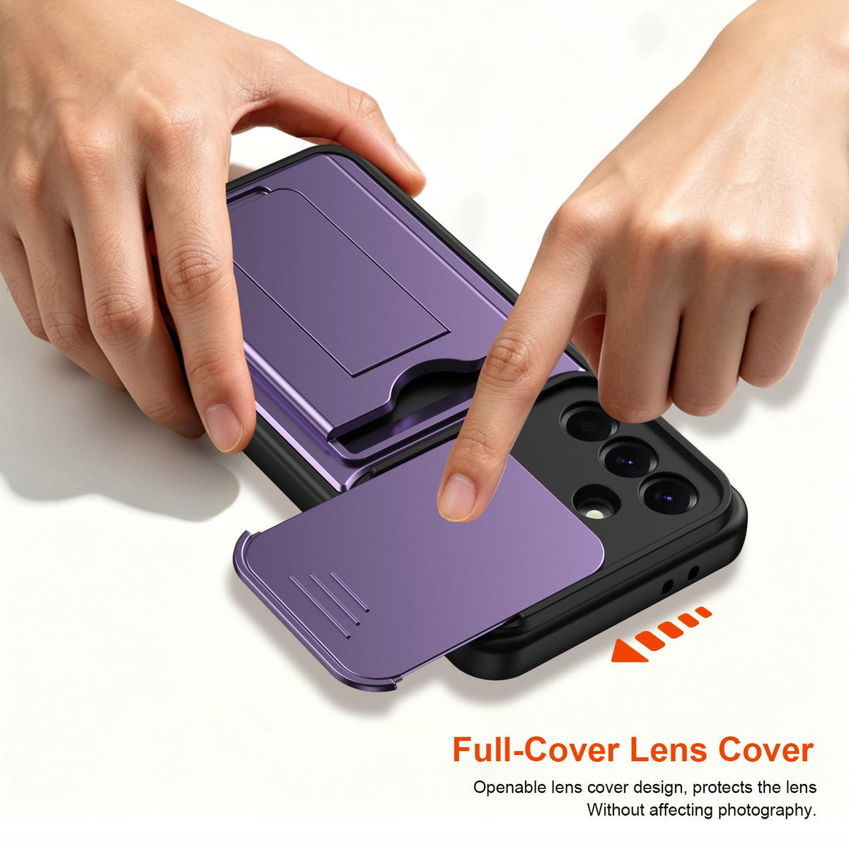 For Galaxy A36 5G Card Holder Series Sliding Lens Cover PC Hybrid TPU Phone Case - Purple - EDA009708203E