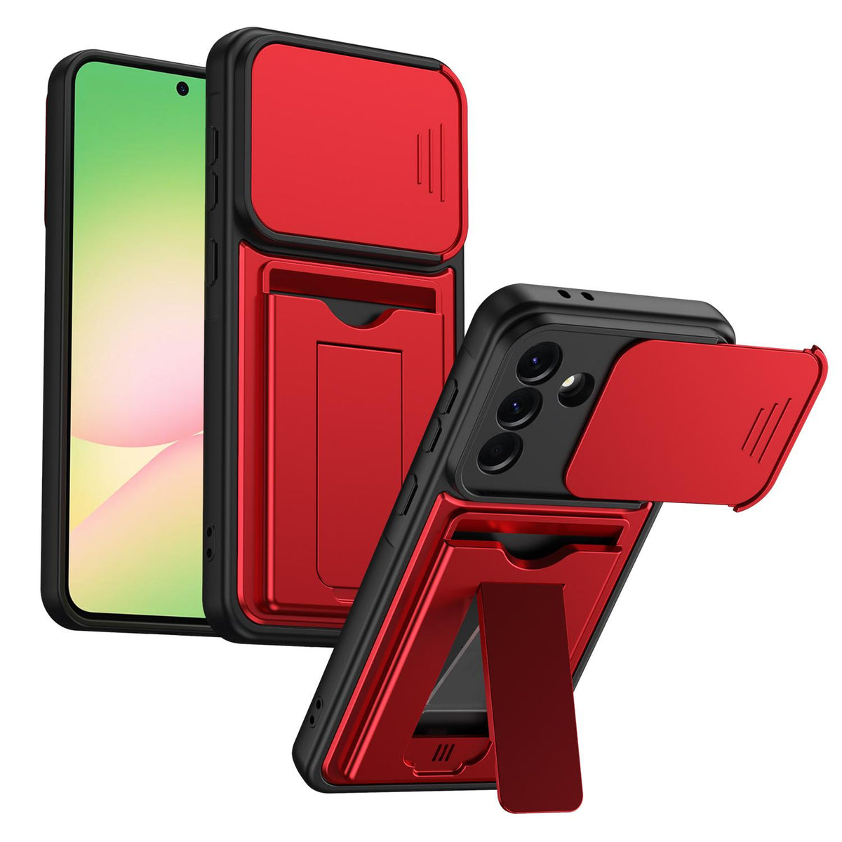 For Galaxy A57 5G Card Holder Series Sliding Lens Cover PC Hybrid TPU Phone Case - Red - EDA009708206A
