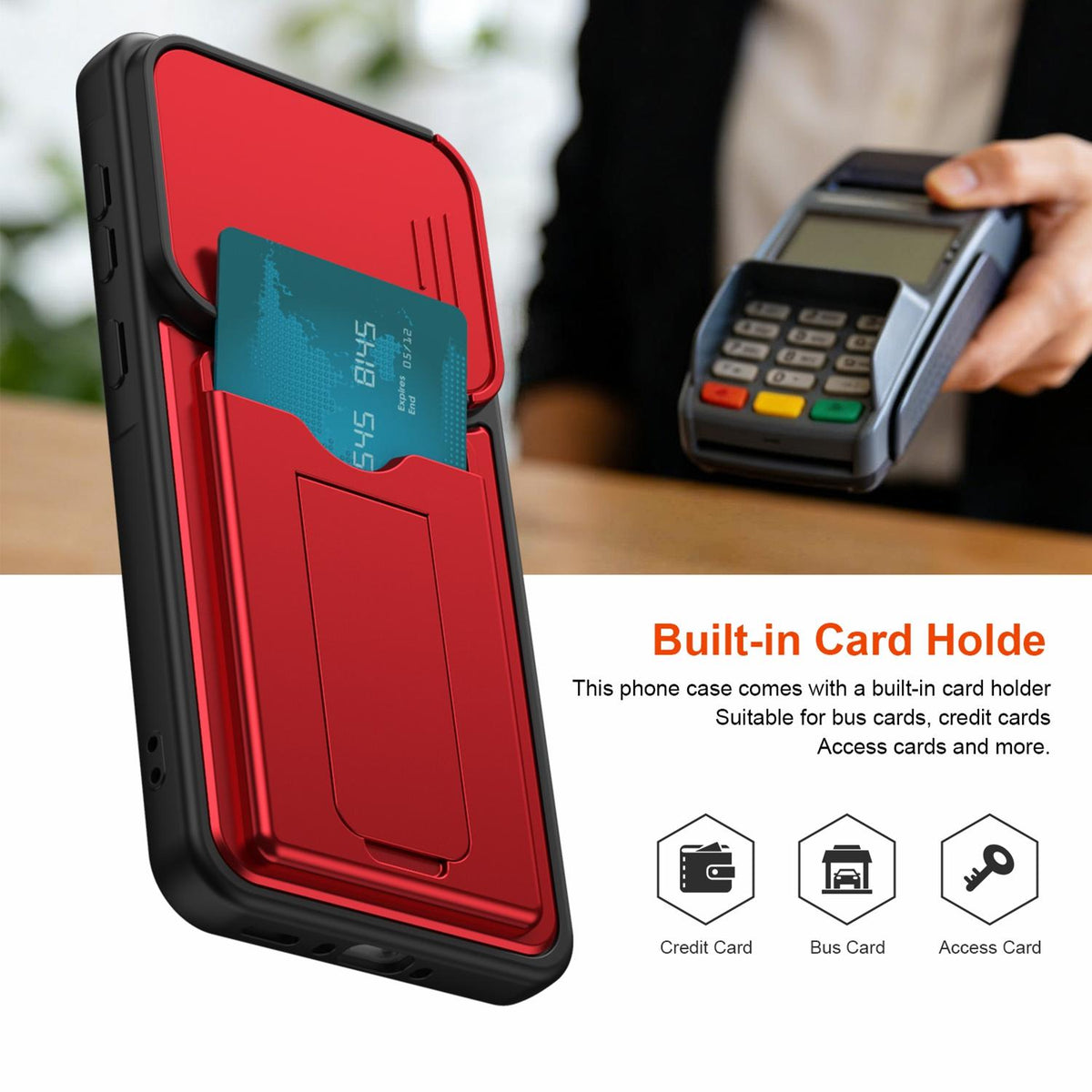For Galaxy A57 5G Card Holder Series Sliding Lens Cover PC Hybrid TPU Phone Case - Red - EDA009708206A