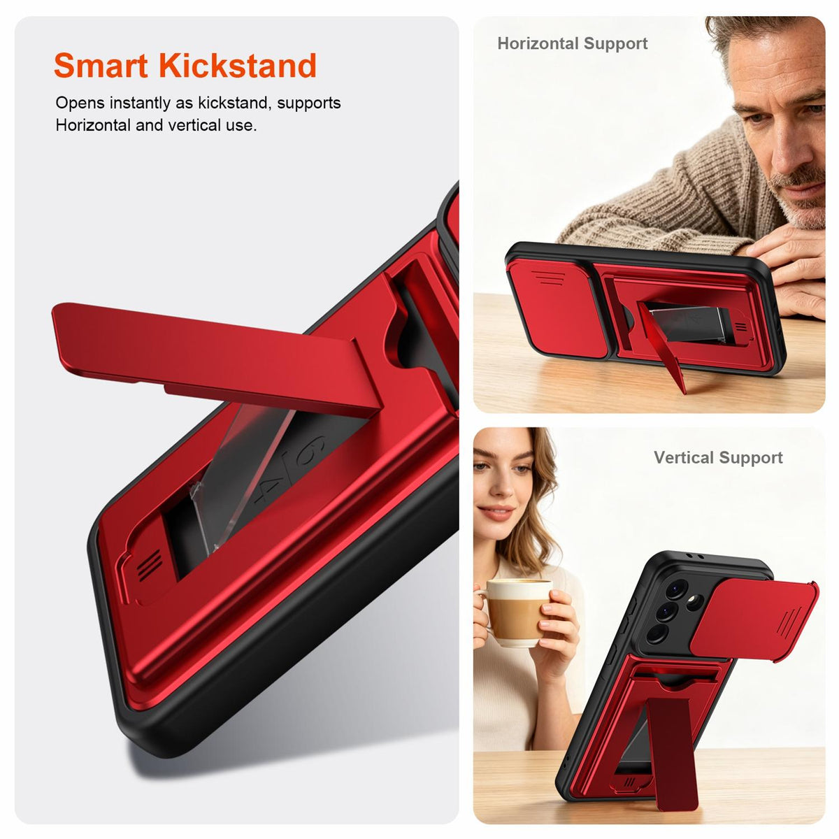 For Galaxy A57 5G Card Holder Series Sliding Lens Cover PC Hybrid TPU Phone Case - Red - EDA009708206A