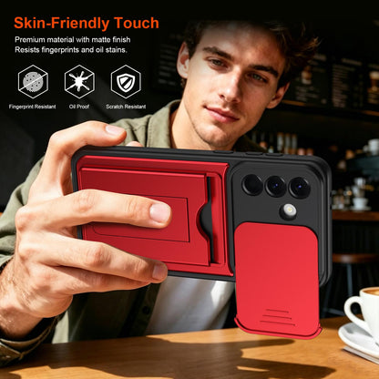 For Galaxy A57 5G Card Holder Series Sliding Lens Cover PC Hybrid TPU Phone Case - Red - EDA009708206A
