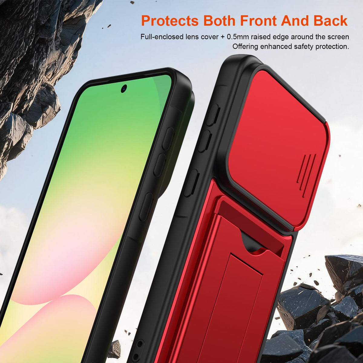 For Galaxy A57 5G Card Holder Series Sliding Lens Cover PC Hybrid TPU Phone Case - Red - EDA009708206A