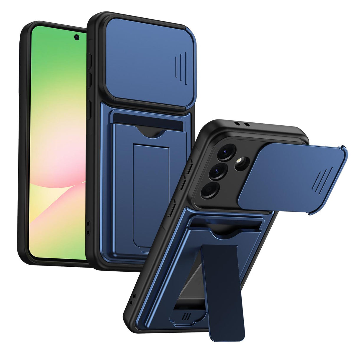 For Galaxy A57 5G Card Holder Series Sliding Lens Cover PC Hybrid TPU Phone Case - Blue - EDA009708206B