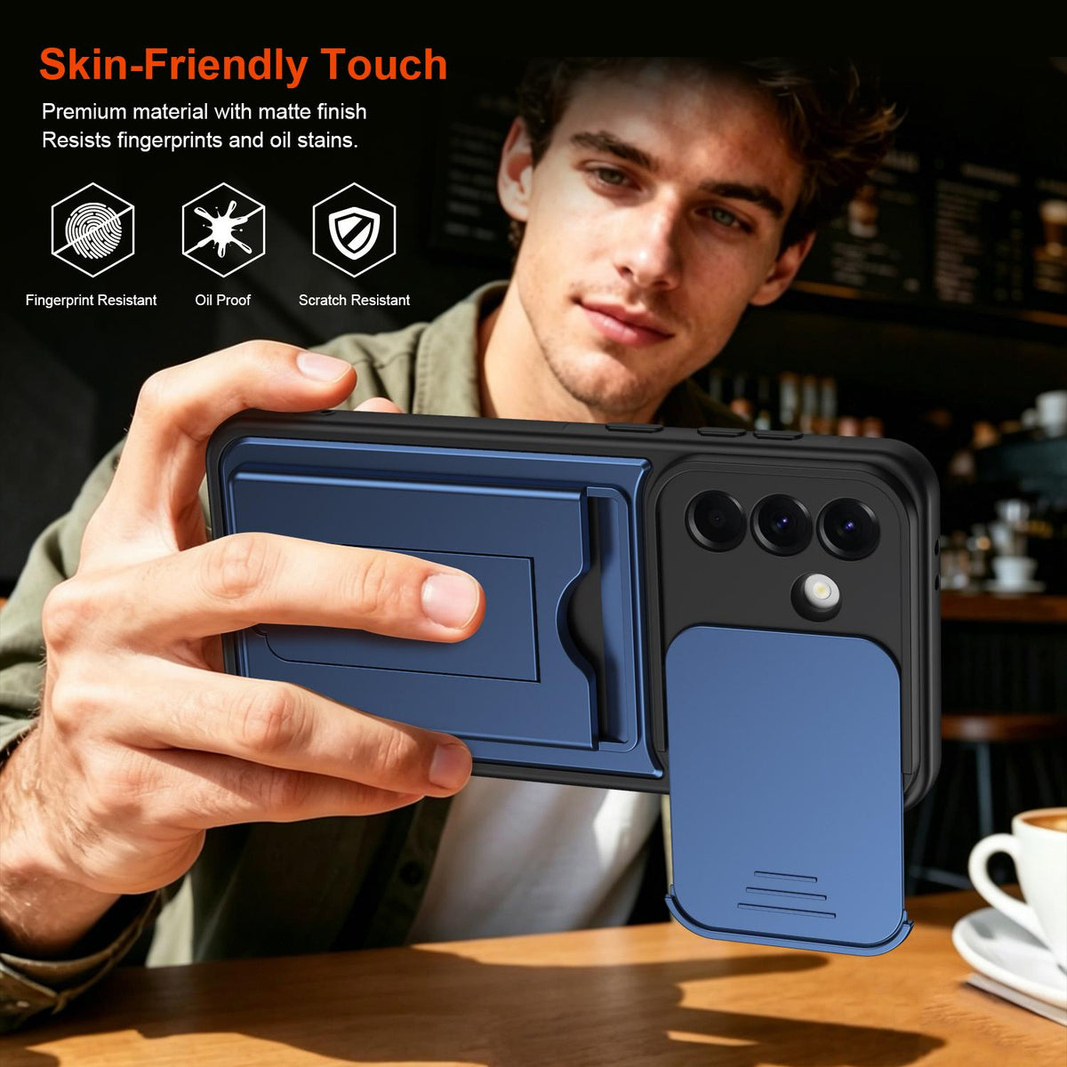 For Galaxy A57 5G Card Holder Series Sliding Lens Cover PC Hybrid TPU Phone Case - Blue - EDA009708206B