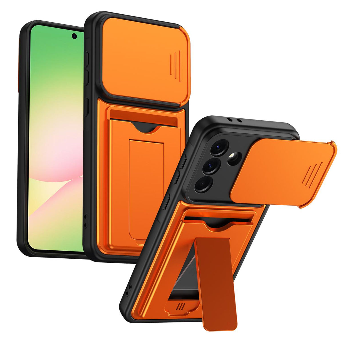 For Galaxy A57 5G Card Holder Series Sliding Lens Cover PC Hybrid TPU Phone Case - Orange - EDA009708206C