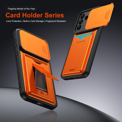 For Galaxy A57 5G Card Holder Series Sliding Lens Cover PC Hybrid TPU Phone Case - Orange - EDA009708206C