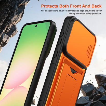 For Galaxy A57 5G Card Holder Series Sliding Lens Cover PC Hybrid TPU Phone Case - Orange - EDA009708206C