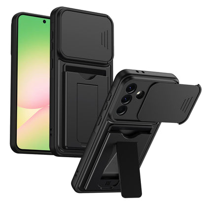 For Galaxy A57 5G Card Holder Series Sliding Lens Cover PC Hybrid TPU Phone Case - Black - EDA009708206D