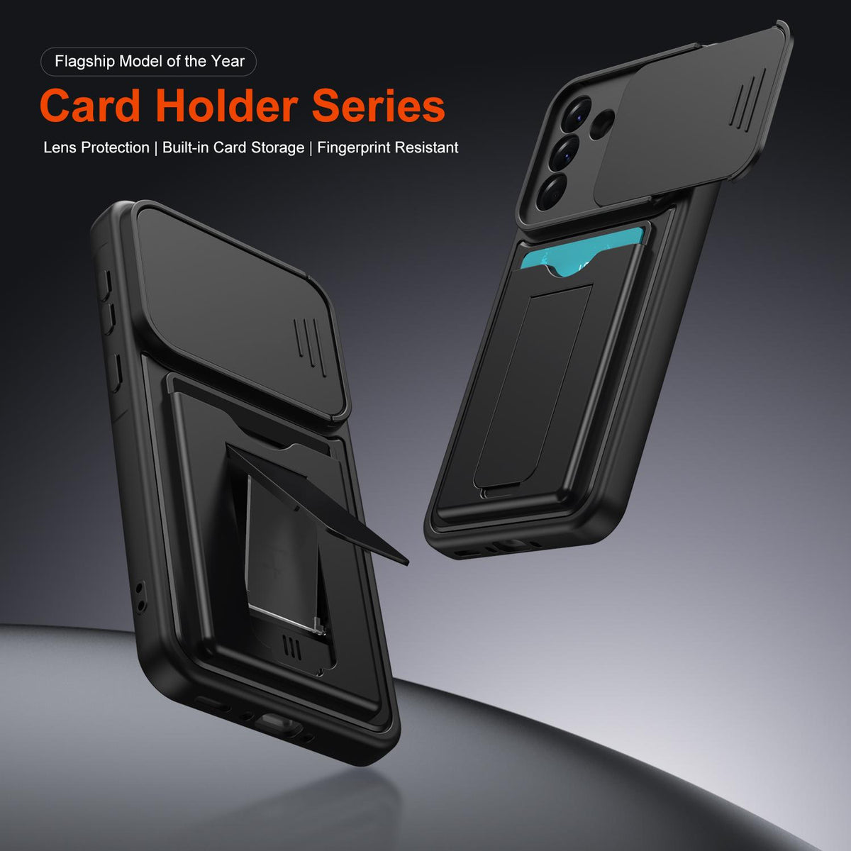 For Galaxy A57 5G Card Holder Series Sliding Lens Cover PC Hybrid TPU Phone Case - Black - EDA009708206D