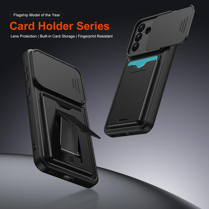 For Galaxy A57 5G Card Holder Series Sliding Lens Cover PC Hybrid TPU Phone Case - Black - EDA009708206D