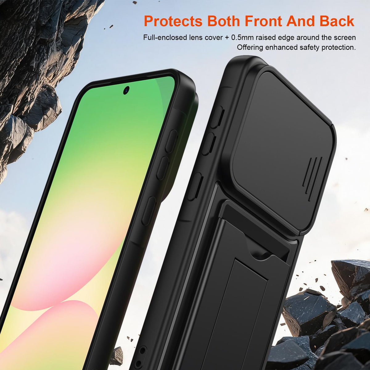 For Galaxy A57 5G Card Holder Series Sliding Lens Cover PC Hybrid TPU Phone Case - Black - EDA009708206D