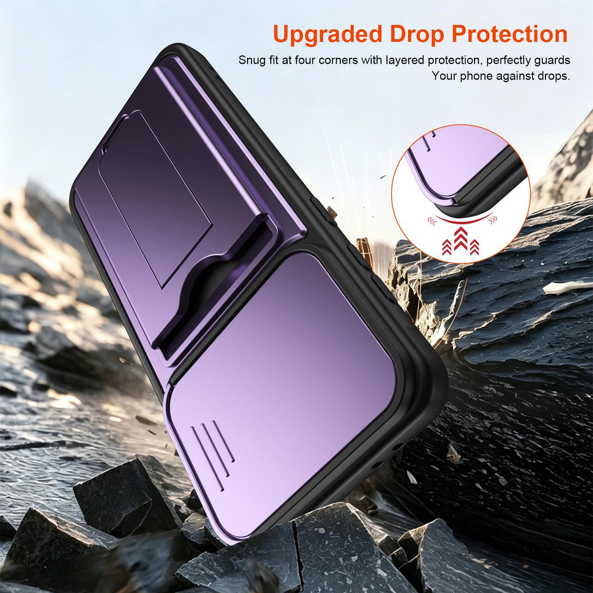 For Galaxy A57 5G Card Holder Series Sliding Lens Cover PC Hybrid TPU Phone Case - Purple - EDA009708206E