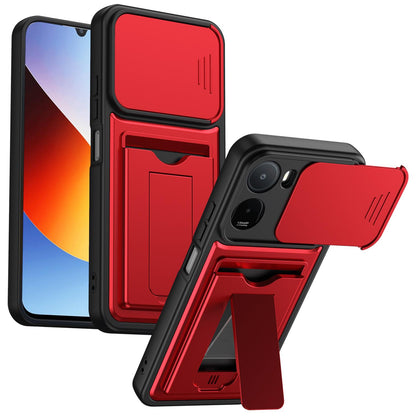 For Redmi A7 Pro 171mm / Redmi 15a 5G Card Holder Series Sliding Lens Cover PC Hybrid TPU Phone Case - Red - EDA009708401A