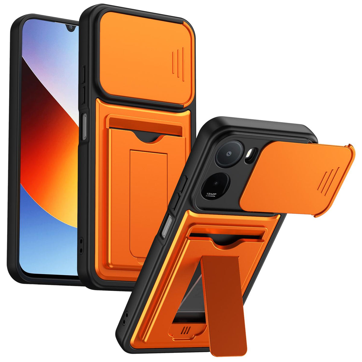 For Redmi A7 Pro 171mm / Redmi 15a 5G Card Holder Series Sliding Lens Cover PC Hybrid TPU Phone Case - Orange - EDA009708401C