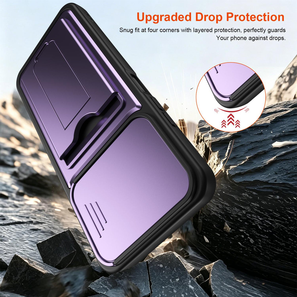 For Redmi A7 Pro 171mm / Redmi 15a 5G Card Holder Series Sliding Lens Cover PC Hybrid TPU Phone Case - Orange - EDA009708401C