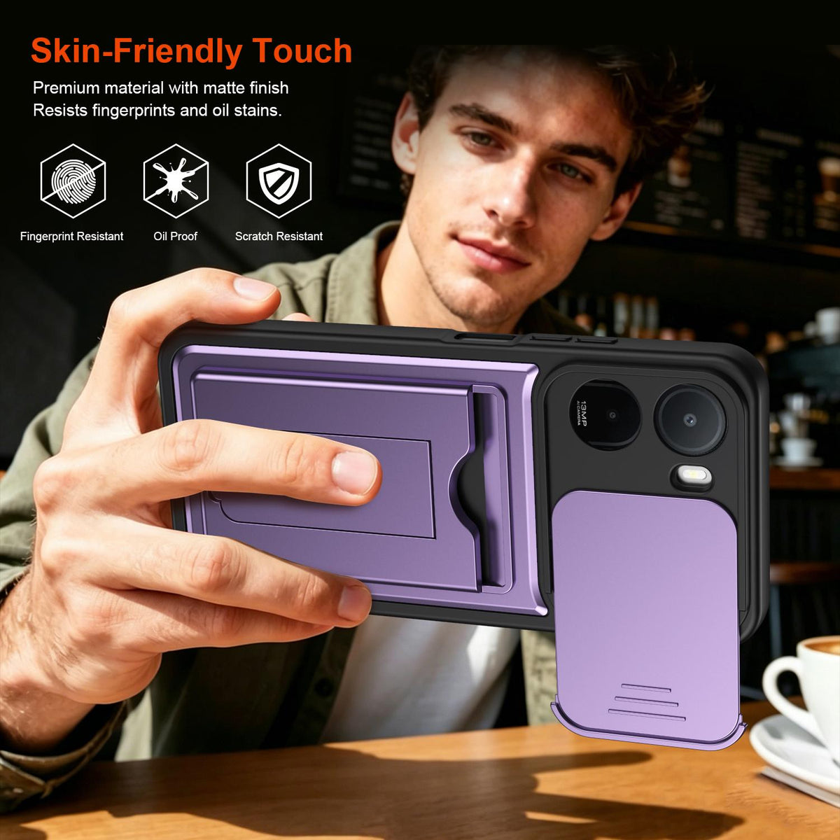 For Redmi A7 Pro 171mm / Redmi 15a 5G Card Holder Series Sliding Lens Cover PC Hybrid TPU Phone Case - Black - EDA009708401D