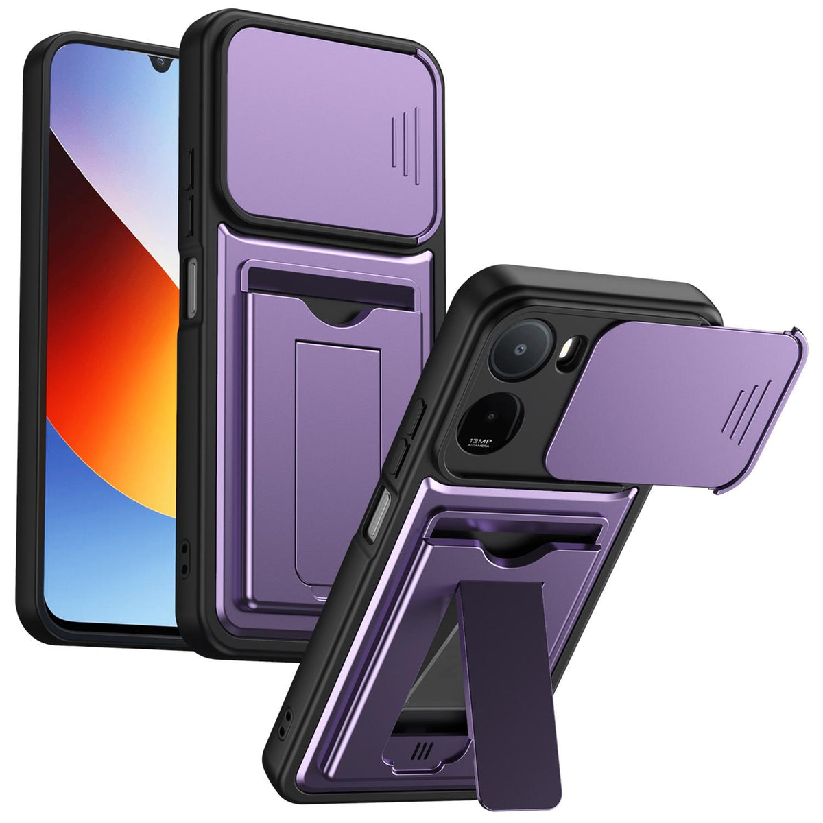 For Redmi A7 Pro 171mm / Redmi 15a 5G Card Holder Series Sliding Lens Cover PC Hybrid TPU Phone Case - Purple - EDA009708401E