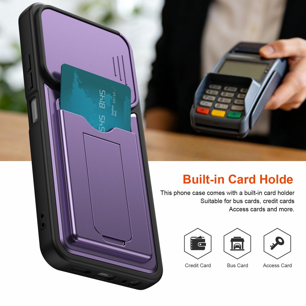For Redmi A7 Pro 171mm / Redmi 15a 5G Card Holder Series Sliding Lens Cover PC Hybrid TPU Phone Case - Purple - EDA009708401E