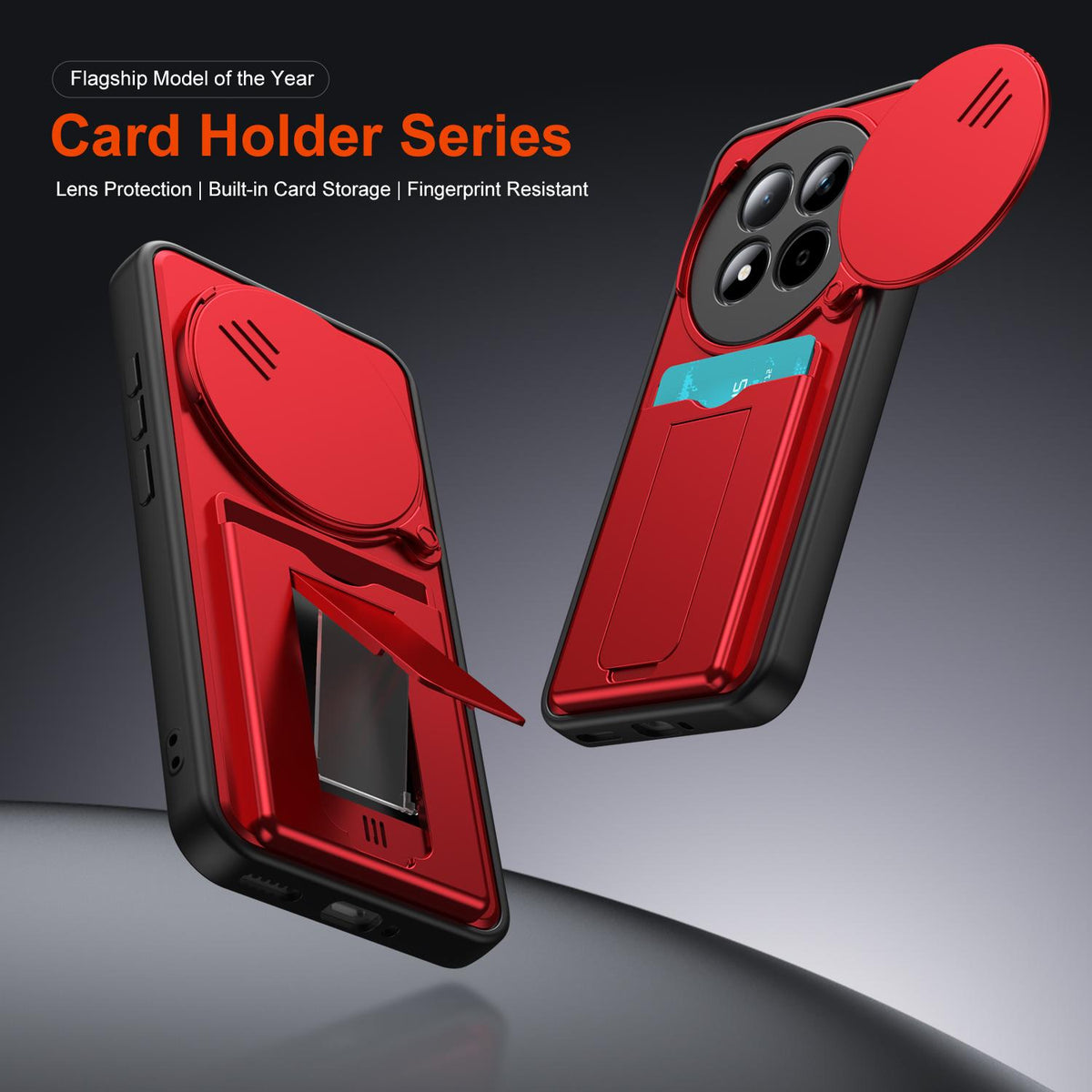 For Redmi Note 15 4G / 5G Global 164mm Card Holder Series Sliding Lens Cover PC Hybrid TPU Phone Case - Red - EDA009708403A