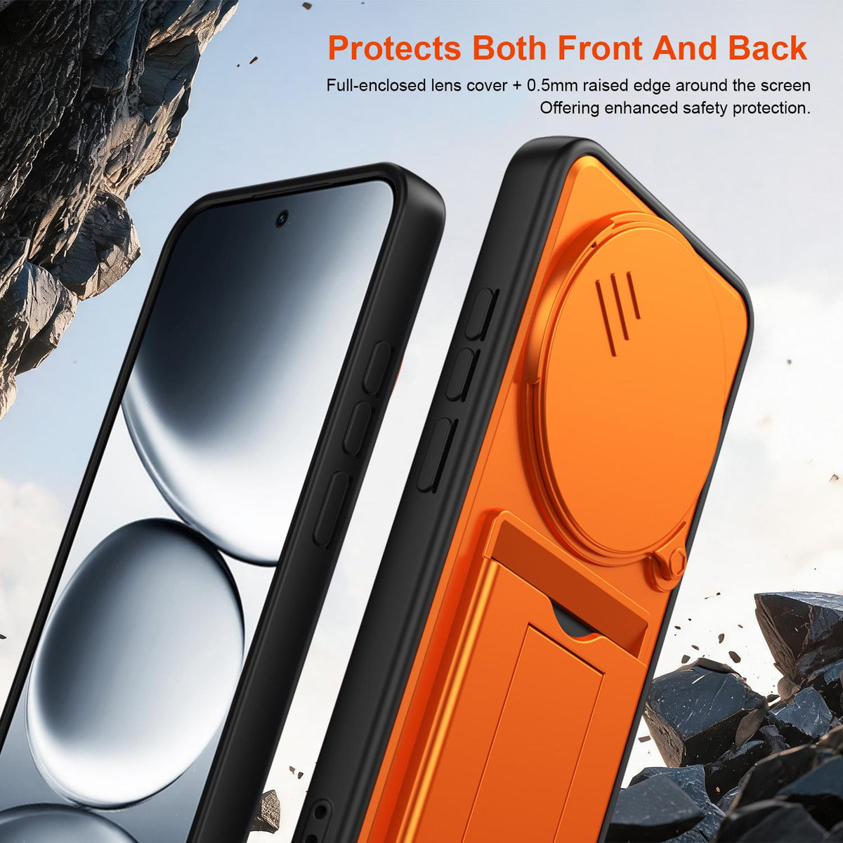 For Redmi Note 15 4G / 5G Global 164mm Card Holder Series Sliding Lens Cover PC Hybrid TPU Phone Case - Orange - EDA009708403C