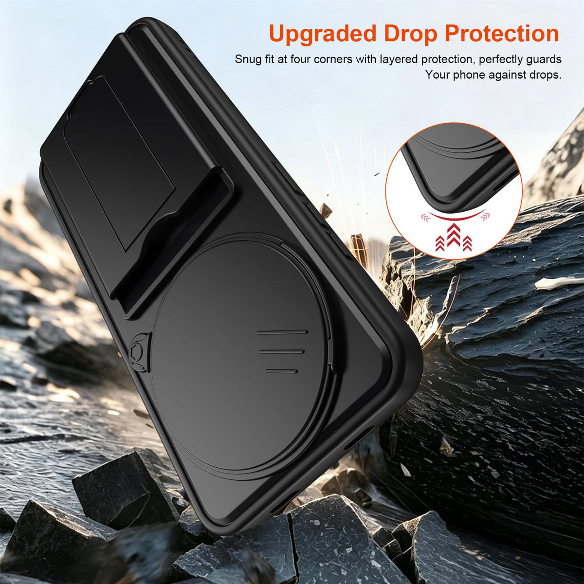 For Redmi Note 15 4G / 5G Global 164mm Card Holder Series Sliding Lens Cover PC Hybrid TPU Phone Case - Black - EDA009708403D