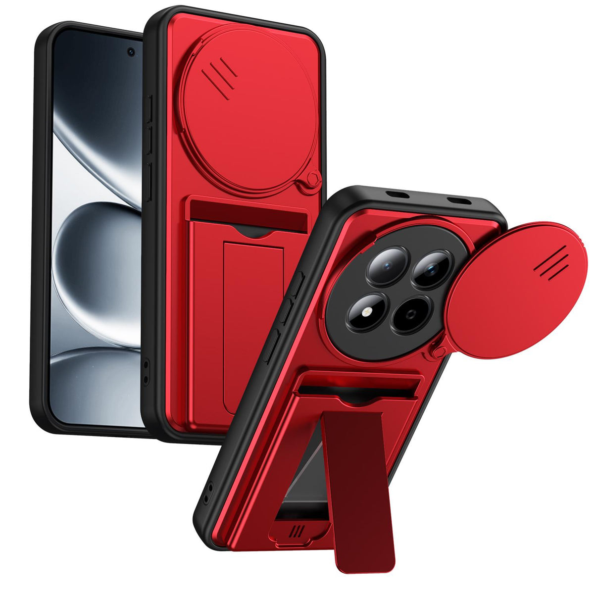 For Redmi Note 15 Pro+ 5G Global 163.3mm Card Holder Series Sliding Lens Cover PC Hybrid TPU Phone Case - Red - EDA009708406A